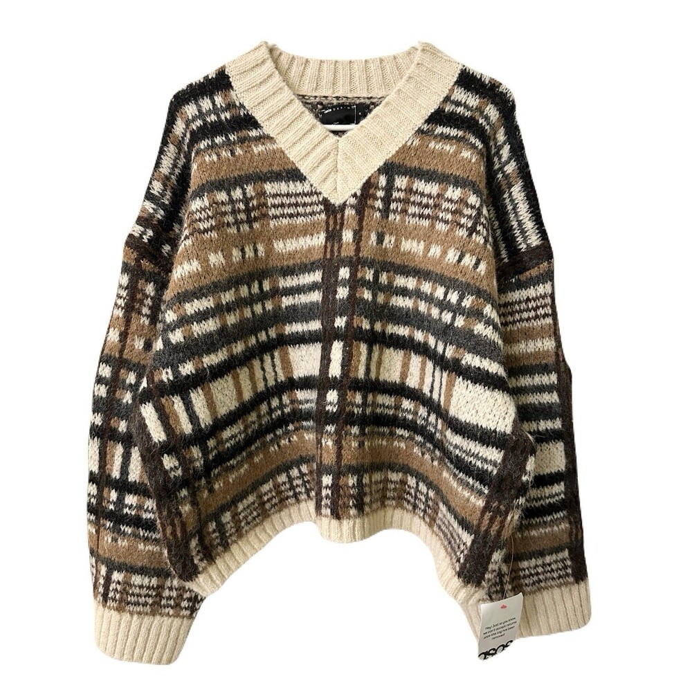 NEW ASOS Womens Size Medium Brushed Mocha Plaid High V-Neck Wool Blend Sweater
